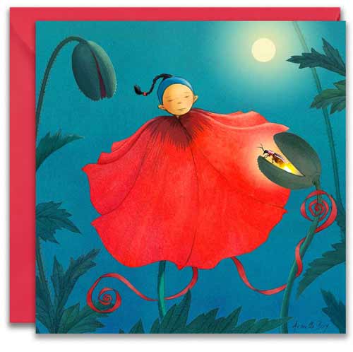 carte postale de Timeliot où Timeliot est dans une fleur de coquelicot. Une luciole l'éclaire en lui racontant une histoire