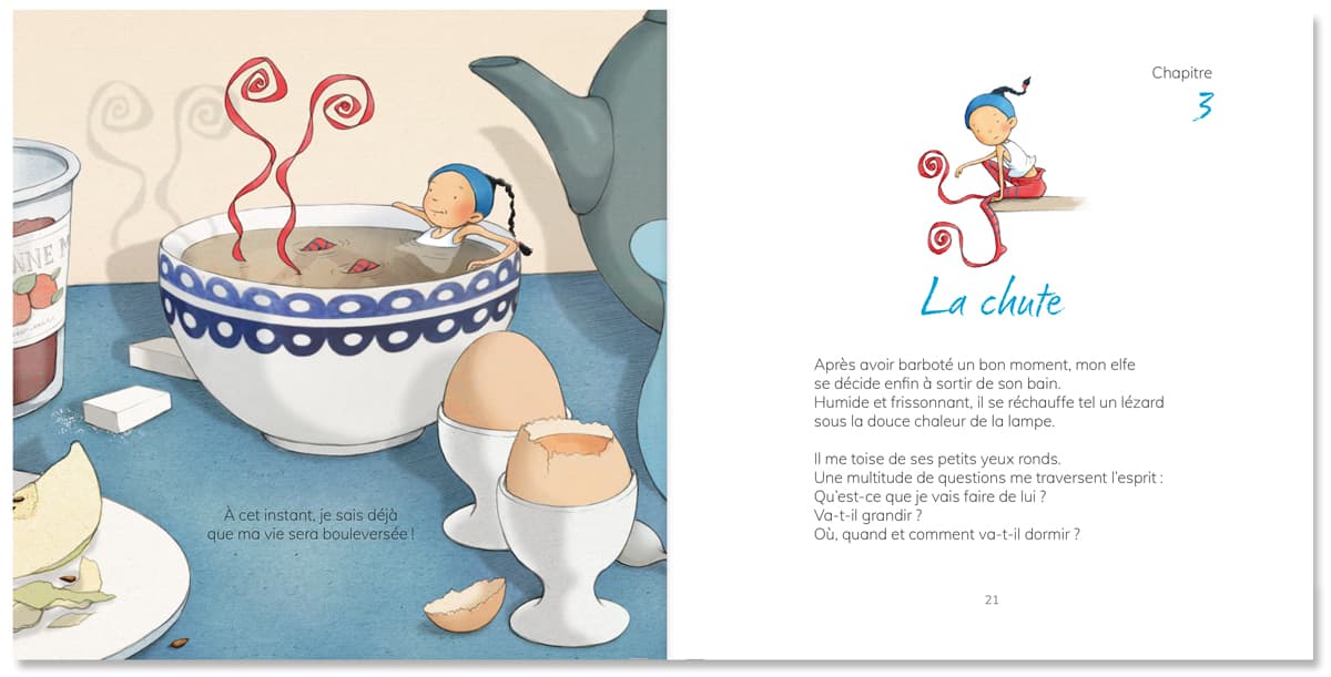 Extrait de l'album jeunesse Timeliot - Ma vie, mon elfe ! Timeliot se baigne dans une tasse de thé