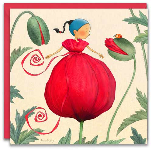 carte postale de Timeliot qui est dans un coquelicot. Comme unre robe rouge. Une cocccinelle le regarde