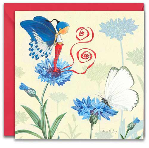 carte postale de Timeliot avec de grandes ailes de papillon, perché sur une fleur de bleuet