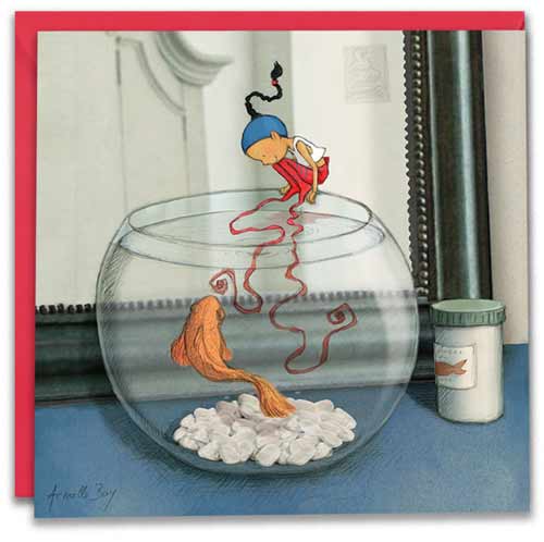 carte postale de Timeliot qui embête avec ses rubans, un poisson rouge dans son bocal.
