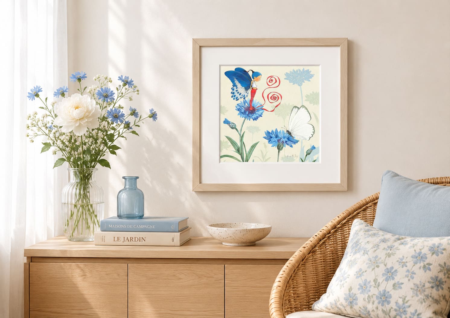 Illustration encadrée au mur de "Papillonnage" de Timeliot. Il a de grandes ailes de papillon et se tient sur une fleur de bleuet