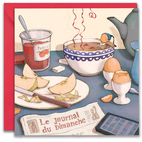 carte postale de Timeliot qui est plongé dans un bol de thé en plein milieu d'un brunch