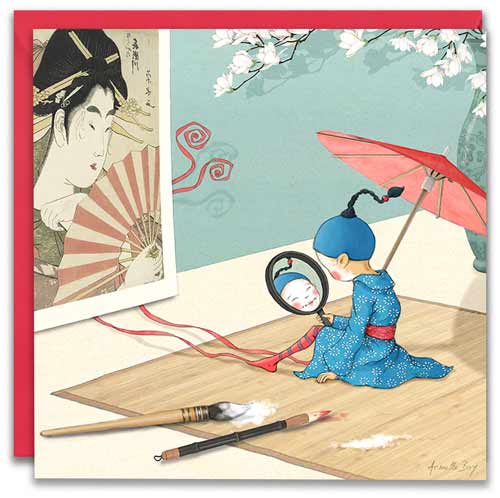 carte postale de Timeliot qui se déguise en petite geisha devant une estampe japonanaise