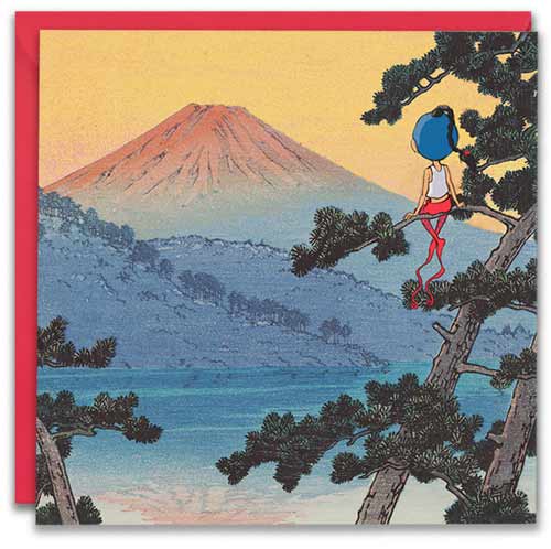 carte postale de Timeliot regardant le soleil se lever sur le Mont Fuji.