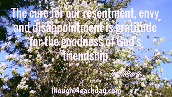 The cure for our resentment, envy and disappointment is gratitude for the goodness of God's friendship.  ~terridraca