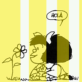 Mafalda saludando a una flor del suelo