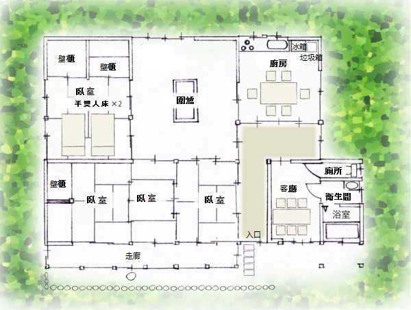 大自然中的草頂房屋。傳統木造建築。本館盡量驅蟲,但有時還會有蟲子出現,請見諒。