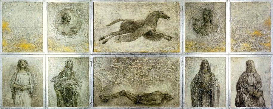 1986年「翼額」・130.5×329㎝ 東京藝術大学美術学部デザイン科卒業制作。デザイン賞を受賞。 一枚の大作も描きたいが、それ以上に、１０枚一組の連作が描きたかった。 大先輩である有元利夫先生が、卒業制作に１０枚一組の連作を描いたのを意識したからだ。 そこで私は、１０枚の絵を一枚の屏風状に組み立てることを考えた。 西洋の古い祭壇画にみられる観音開きの翼額をヒントにデザインした。 