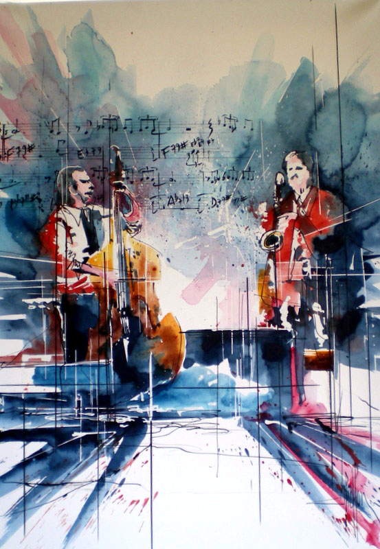 252 Jazz Duo pour saxophone et contrebasse - 2012 - Aquarelle sur papier tendu sur châssis 50 x 70