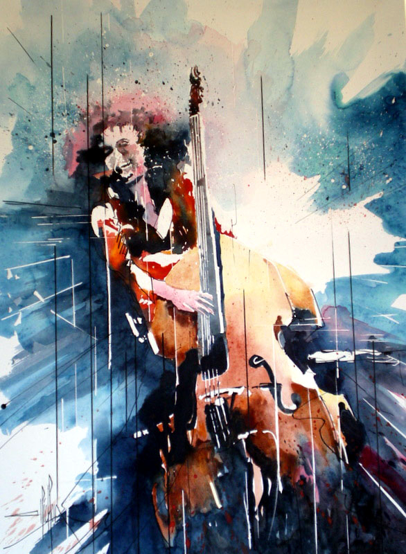 250 Jazz La soliste et sa contrebasse - 2012 - Aquarelle sur papier tendu sur châssis 50 x 70