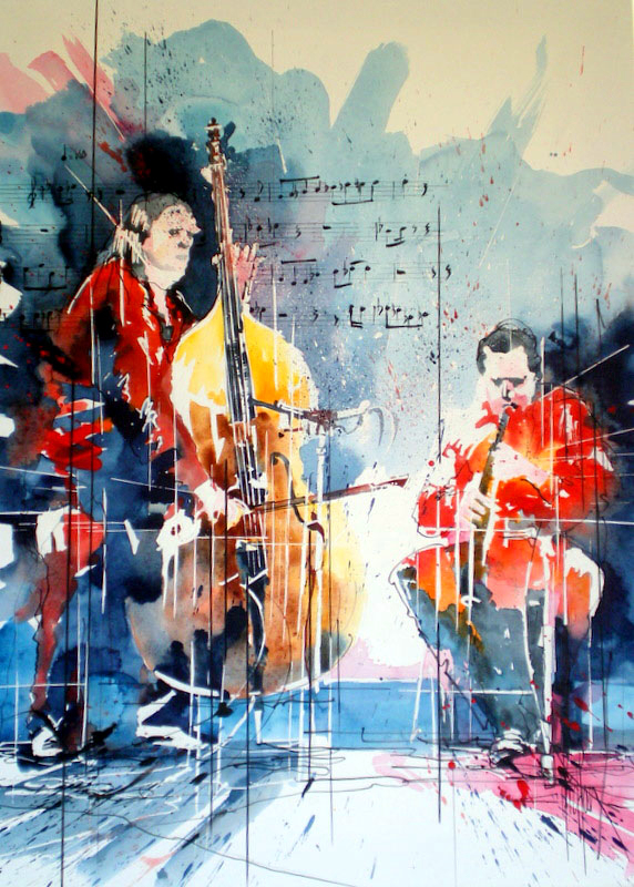 251 Jazz Duo pour flûte et contrebasse - 2012 - Aquarelle sur papier tendu sur châssis 50 x 70