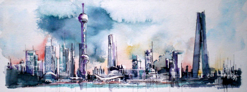 145 Shanghai 01 - Aquarelle 23 x 50