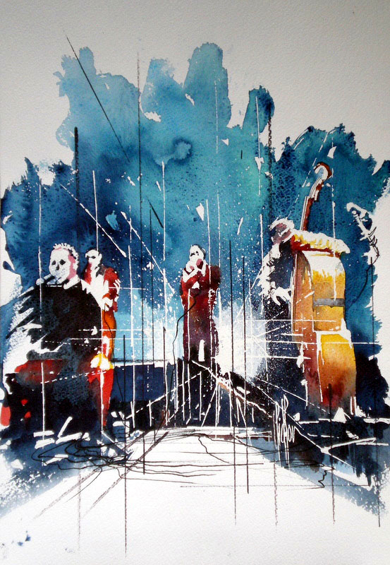 239 Le contrebassiste et sa bande de jazz - 2011 - Aquarelle 29.5 x 40
