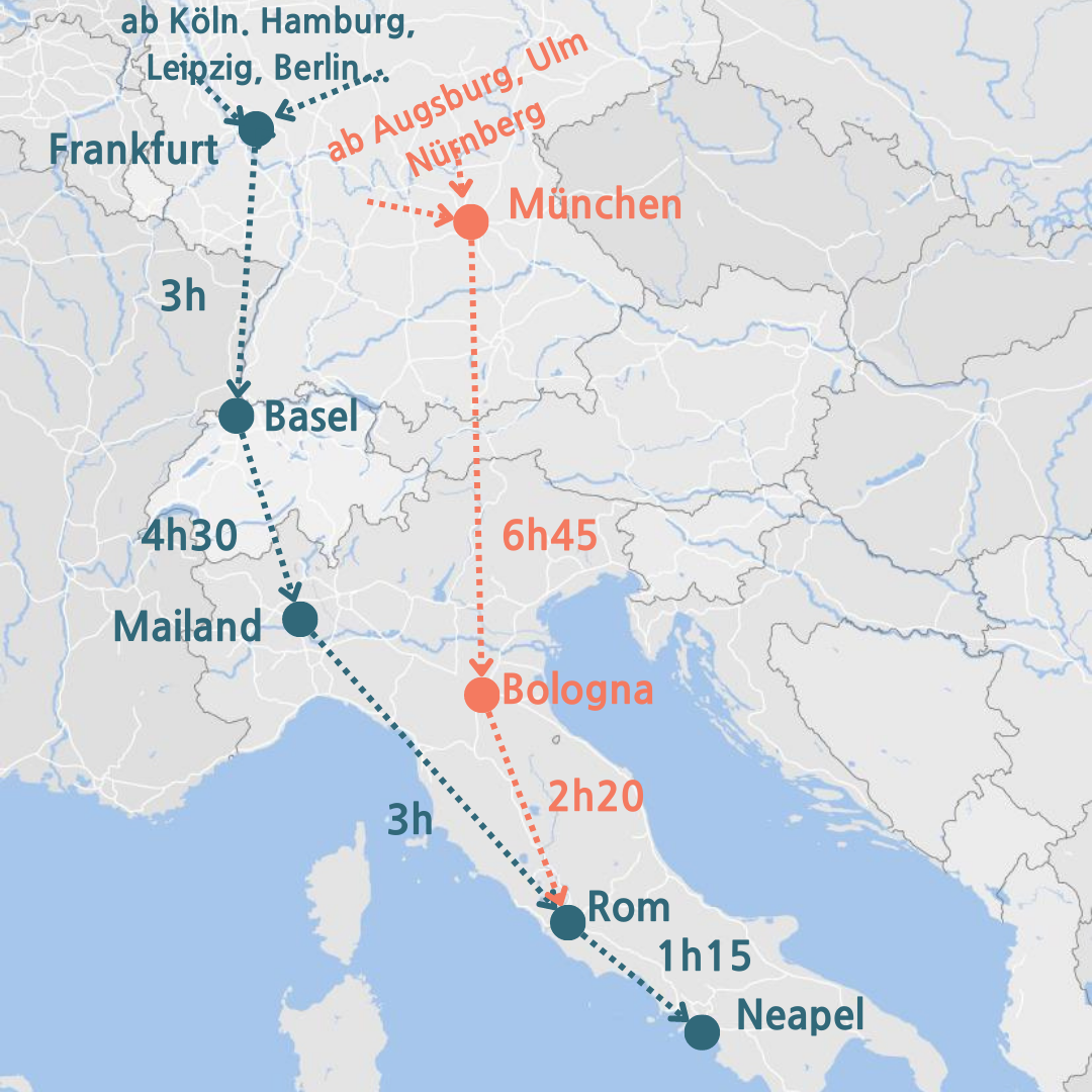 Mit dem Zug über Rom nach Neapel - Karte von Mapz.com