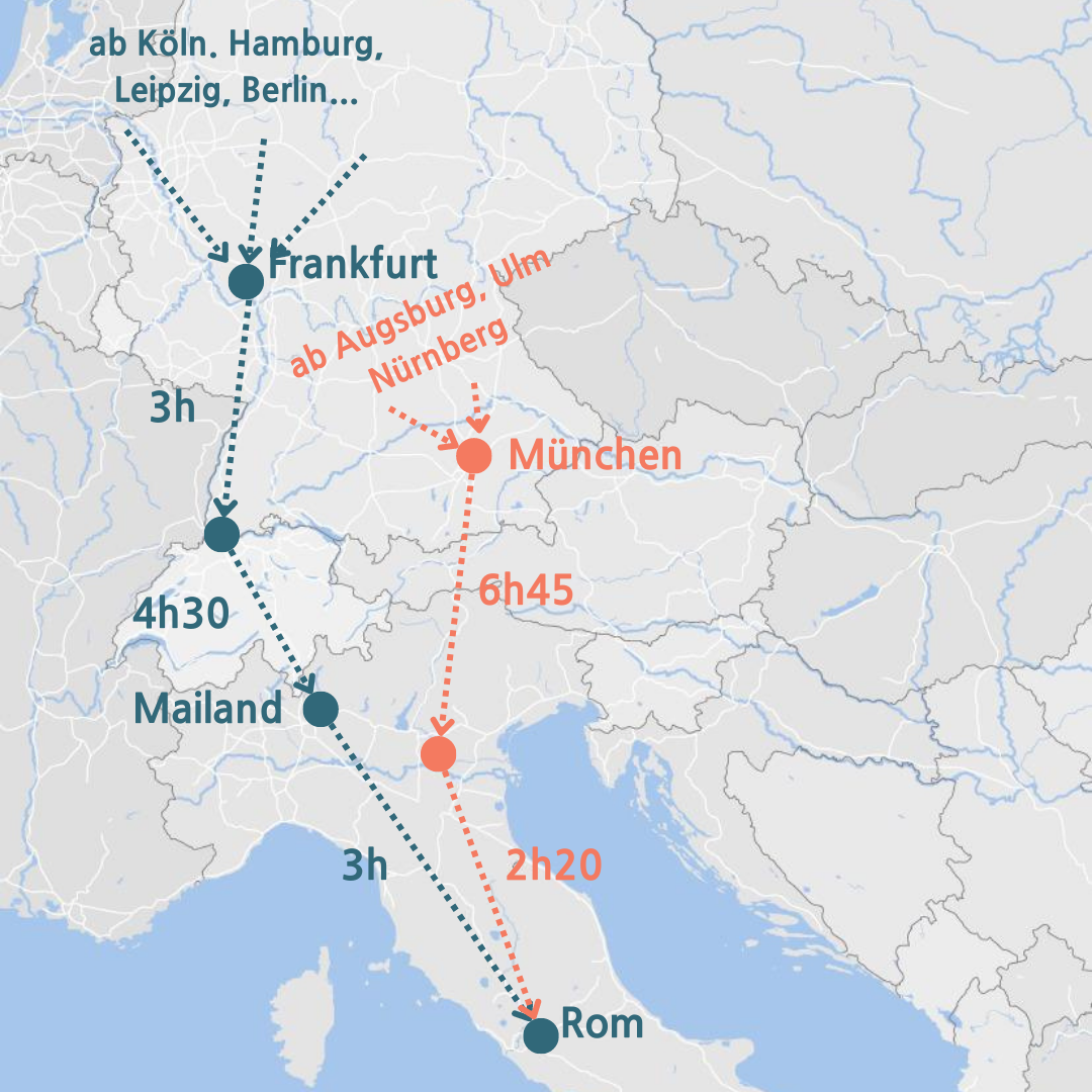 Mit dem Zug nach Rom - Karte von mapz.com