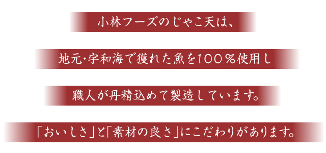 小林フーズのじゃこ天は、地元・宇和海で獲れた魚を100%使用し、職人が丹精込めて製造しています。