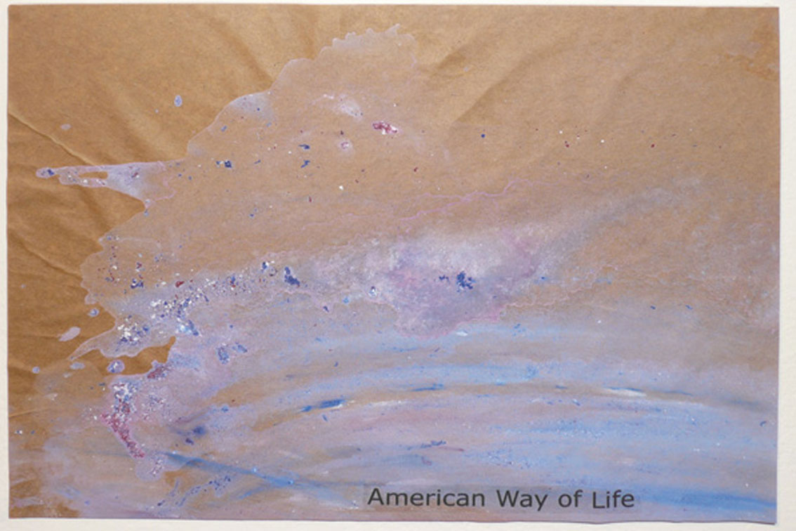 OK - American Way of Life, painting on paper, with tape transfers and paper, mounted on board,  ICW and Leslie Fry, 2009