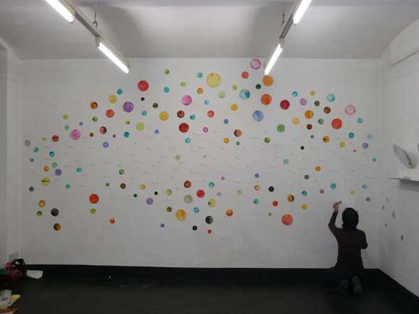 colour-signs of contact, mixed-media with cardboard, pins and thread, installation on the wall, 220 x 500 cm, ICW und Morakot Ketklao 2008