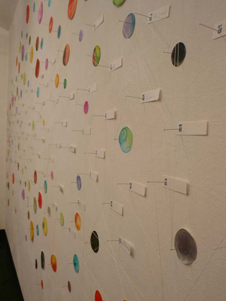 colour-signs of contact - detail; mixed-media with cardboard, pins and thread  installation on the wall; 220 x 500 cm; ICW and Morakot Ketklao 2008