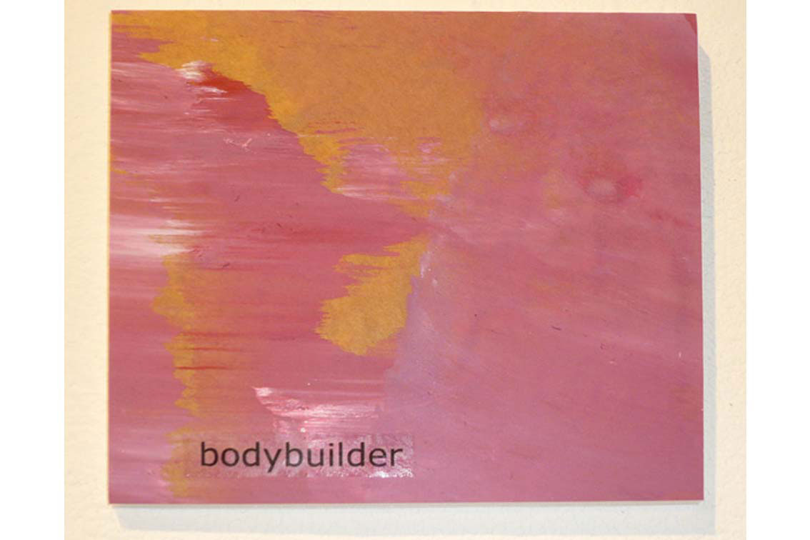  OK – bodybuilder, painting on paper, with tape transfers and paper, mounted on board, ICW and Leslie Fry, 2009