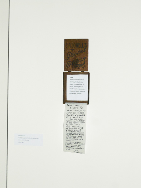 inspiration box, wood-box open on wall, papers, handwriting and printed, 3 x 5.1 in, ICW and Leslie Fry, 2009