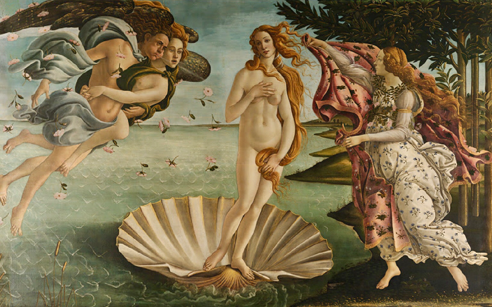 Aphrodite die Meerschaumgeborene, (Geburt der Venus, Sandro Botticelli)