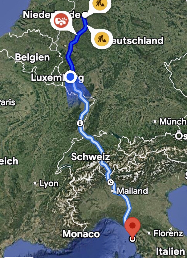 Geplante Route bis Livorno in Italien.
