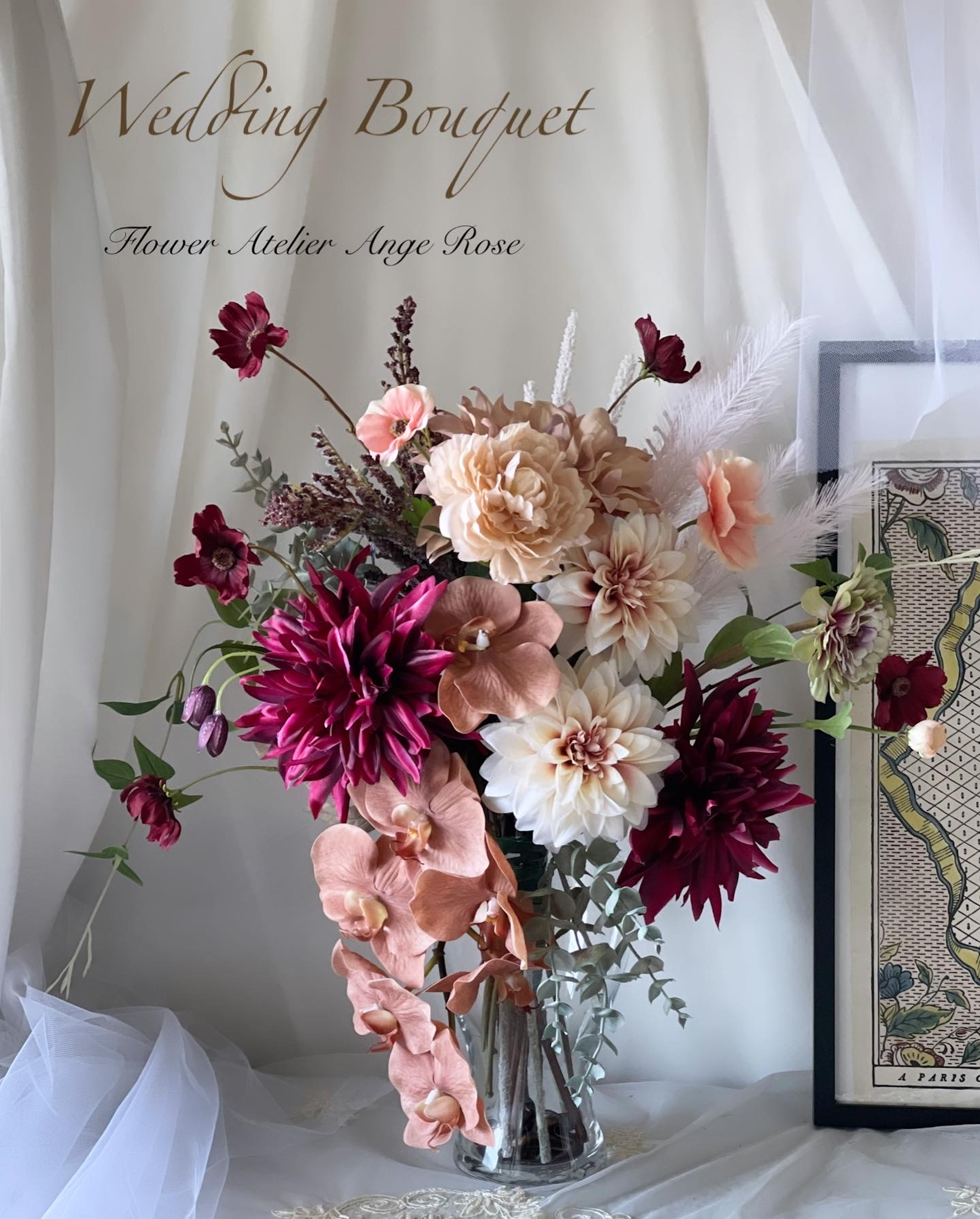 結婚式準備　ウェルカムスペース　パステルカラーの造花アレンジメント ウェルカムスペースセット＊テラコッタフラワー フォトフレーム