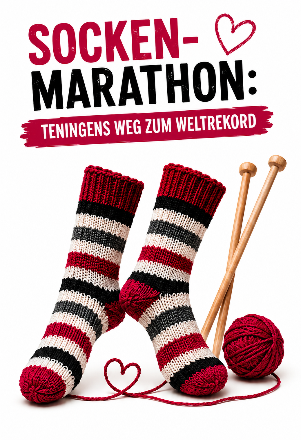 Bild mit der Information zum Sockenmarathon. 1 Paar Socken in den Farben des Storchenhofs (Schwarz, weiß, Magenta). Wolle und Stricknadeln