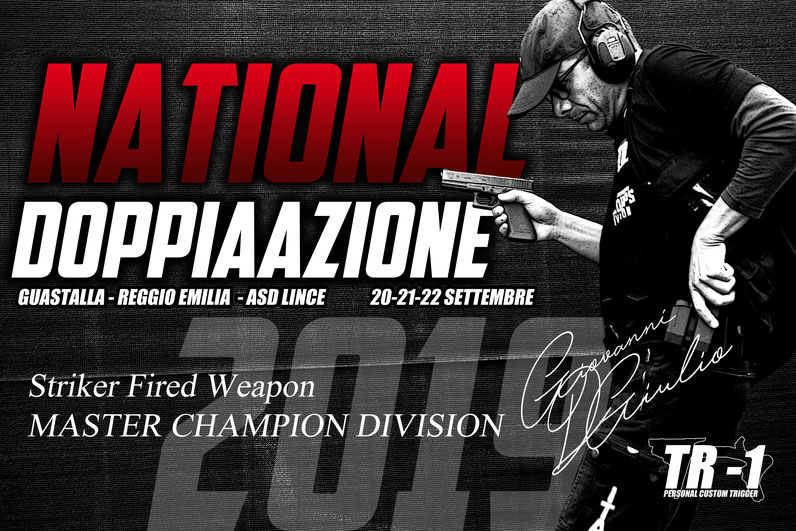 Giovanni DI Giulio Testimonial Ufficiale dello scatto TR-1, in questa foto, vince il National DoppiaAzione nel 2019 a Guastalla Reggio Emilia nella categoria Master diventanto Campione di Divisione nella categoria STW (Striker Fired Weapon).