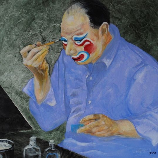 Peking , Zeichnung , Malerei , Grafik , Pekingoper , China , ein Mann beim anschminken, Schauspieler ,  Pinsel, Spiegel und Schminkgefäße