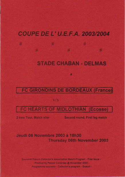 Girondins - Hearts FC Coupe Uefa, programme pirate production P. Collardey