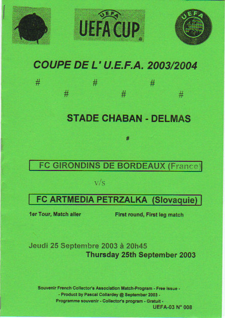 Girondins - Petrzalska Coupe Uefa, Programme pirate, production P. Collardey