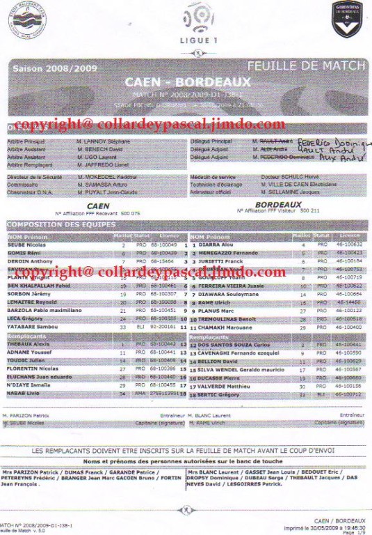 Feuille du MATCH du TITRE 2009 Caen - Girondins