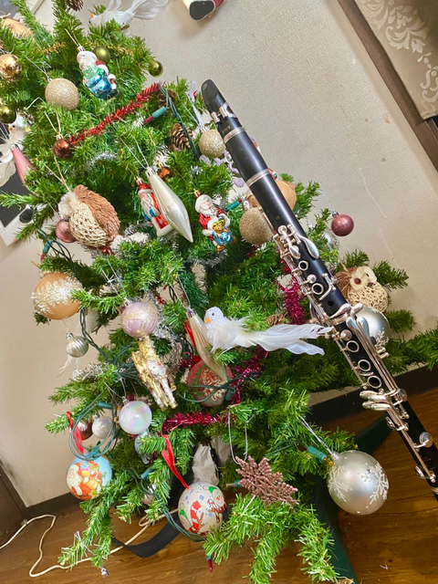 季節外れですが、私のクラリネットと家のクリスマスツリーです!!🎅   3年間で憧れの先輩のようなクラリネット奏者になれるようがんばります!💪🏻❤️🔥
