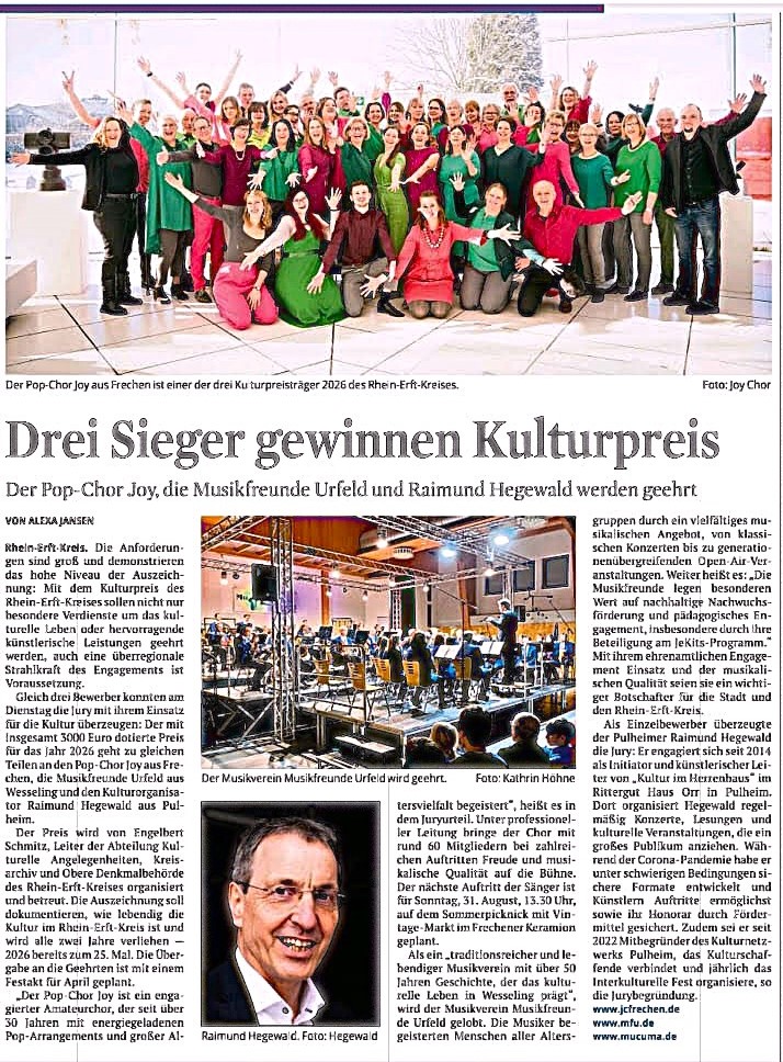JOY wird nach einstimmiger Entscheidung der Jury den Kulturpreis Rhein-Erft des Jahres 2026 erhalten und am 20.04.26 überreicht bekommen.