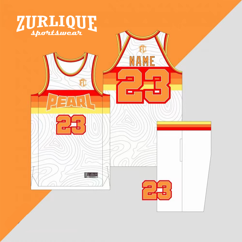 Custom basketball jersey and shorts with the number 23 and a customizable nameplate. Features colors with a wave pattern. team name and numbers is written on the front, and the logo ‘ZURLIQUE sportswear’ is in the upper left corner.”