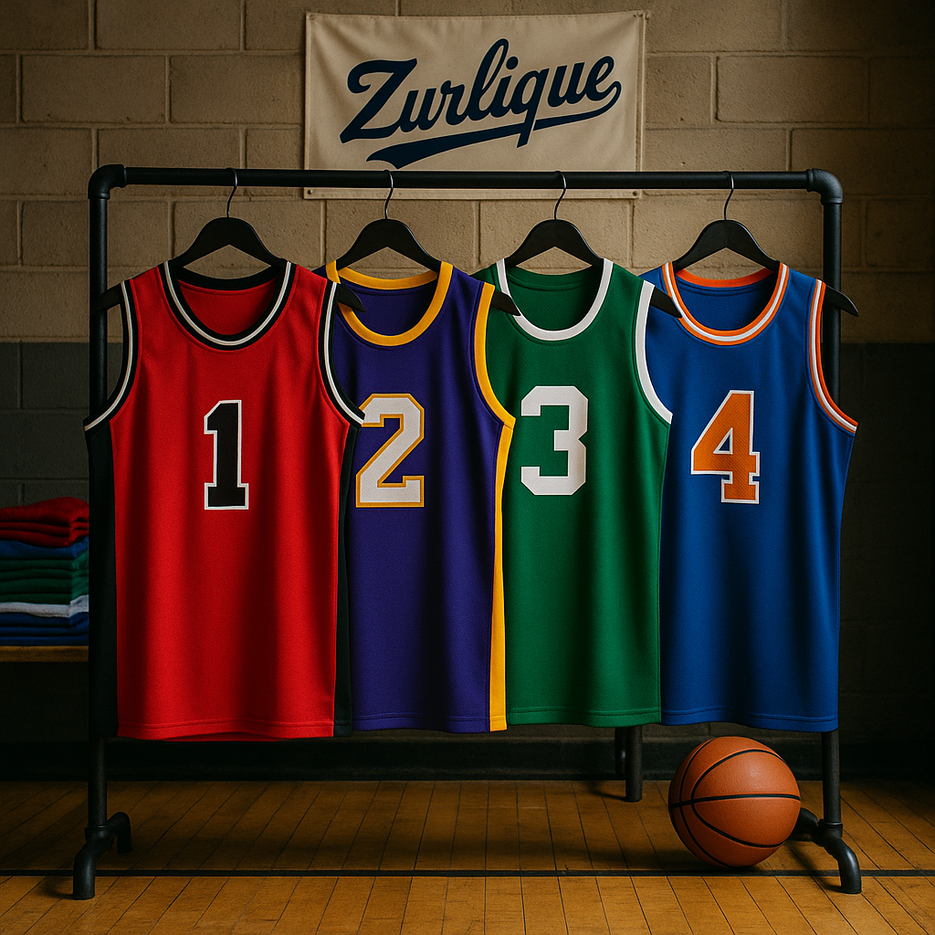 Four NBA-inspired basketball jerseys in red, purple, green, and blue hanging on a rack with Zurlique logo banner in gym