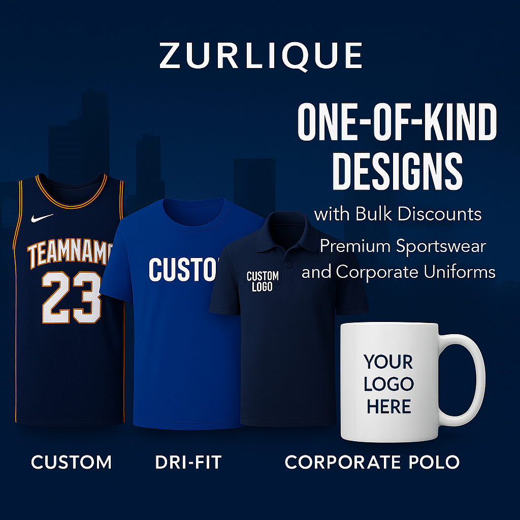 Custom jerseys, Dri-Fit tees, polo shirts, and mugs displayed with Zurlique branding against a professional city-themed background for Singapore clients