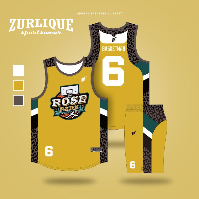 Basketball jersey from ZURLIQUE Sportswear with the number 6, ‘ROSE PARK’ name, and a basketball hoop logo. Features yellow, green, black, and white colors with leopard spot patterns.
