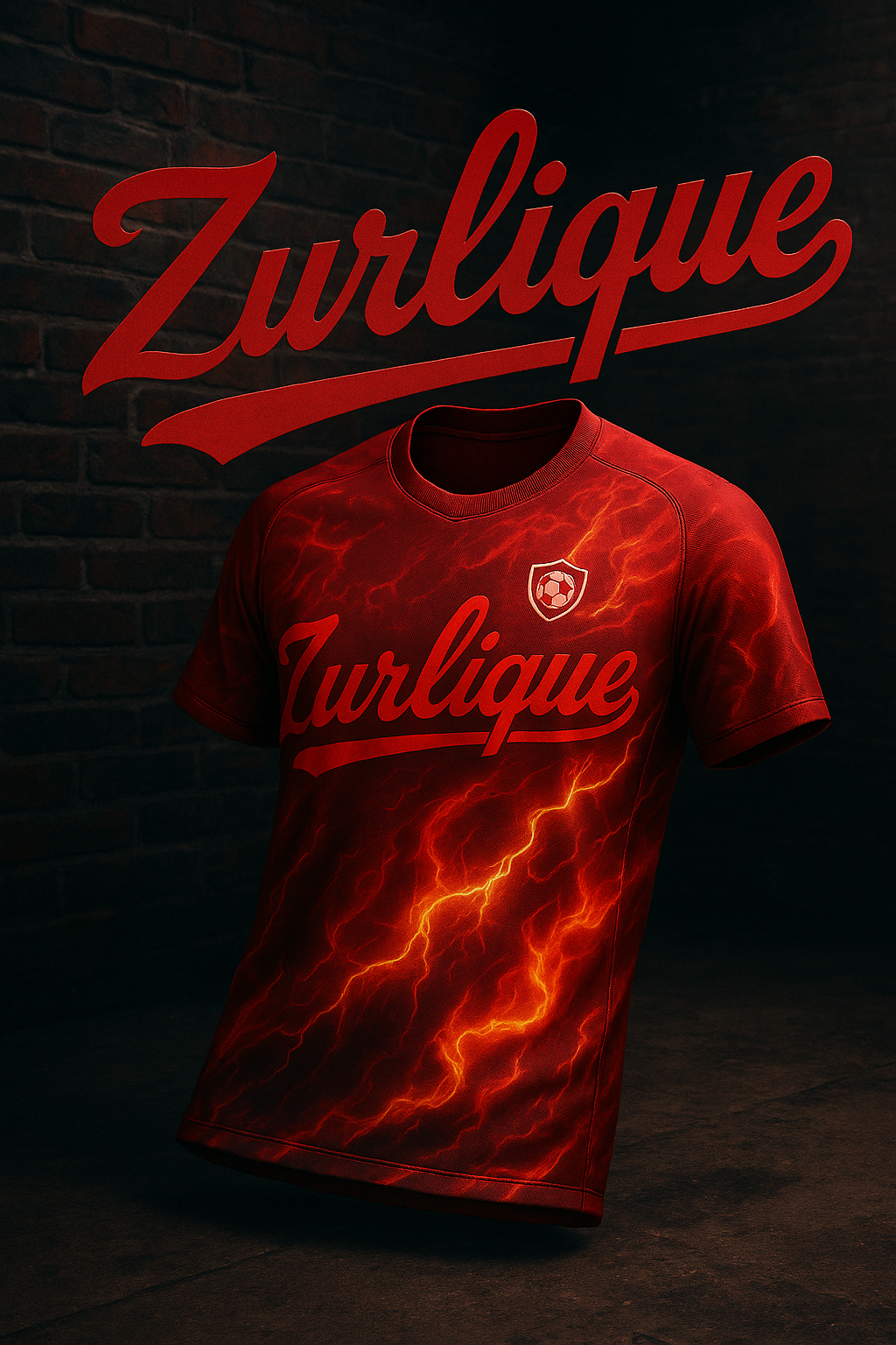 Zurlique red soccer jersey with lightning sublimation design displayed in a gritty NYC-inspired Dickies-style flyer