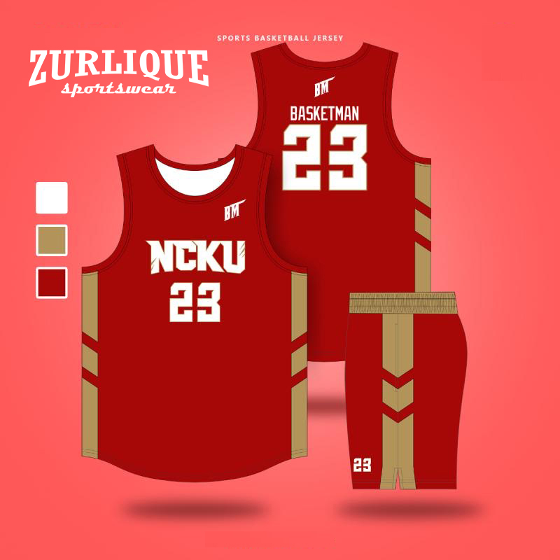 Red basketball jersey and shorts with gold and white accents, featuring the text ‘NCKU’ and the number ‘23’. Designed by ZURLIQUE sportswear