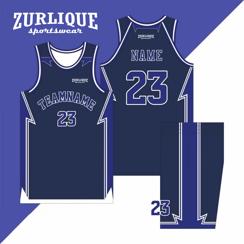 Design template for a custom basketball uniform by ZURLIQUE sportswear, featuring a sleeveless jersey with color accents, the word ‘TEAMNAME’ and number ‘23’ on the front, and a placeholder for a name on the back. The matching shorts have the number 23.