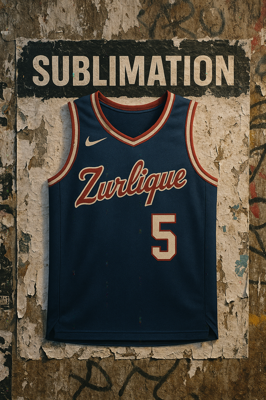 Zurlique sublimation basketball jersey poster on a gritty NYC wall with bold typography