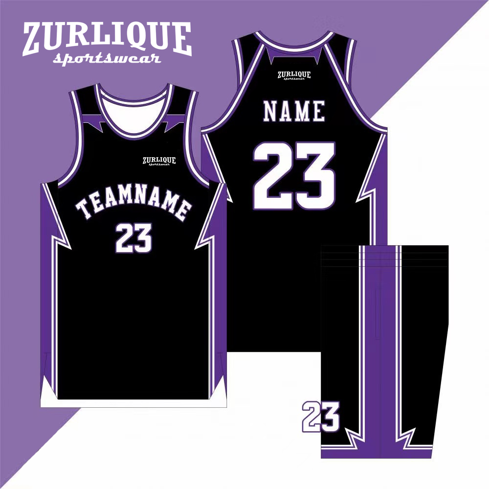 Design template for a custom basketball uniform by ZURLIQUE sportswear, featuring a sleeveless jersey with color accents, the word ‘TEAMNAME’ and number ‘23’ on the front, and a placeholder for a name on the back. The matching shorts have the number 23.