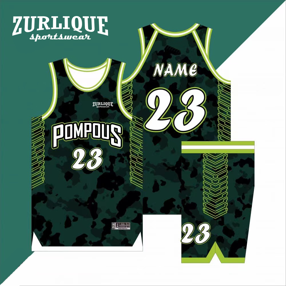 Custom print basketball jersey featuring a camouflage pattern with colored accents. The front displays the team name above the number in large font, and the back shows a placeholder for a name above the same number.
