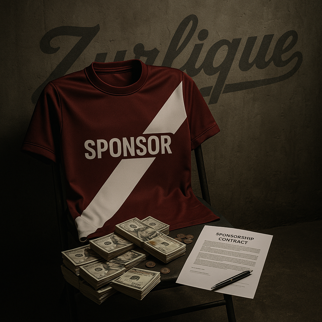Soccer jersey with a white diagonal sash draped over a chair beside stacks of hundred-dollar bills and a sponsorship contract, symbolizing the huge money behind soccer team sponsorships, with Zurlique logo graffiti in the background.