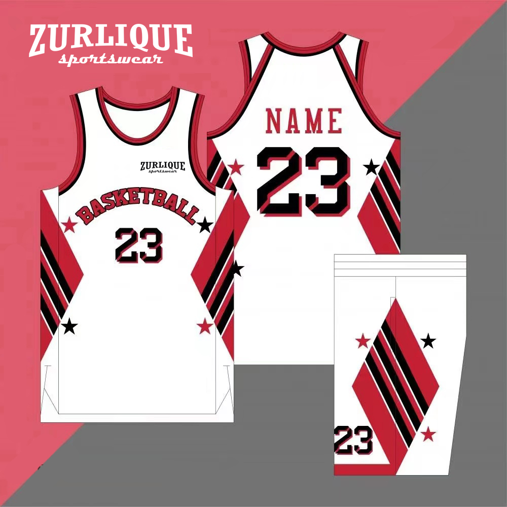 Custom basketball jersey with the number on the front and back. The jersey features ‘BASKETBALL’ above the number, with star patterns and stripes on both the jersey and shorts. The back has a customizable name area.