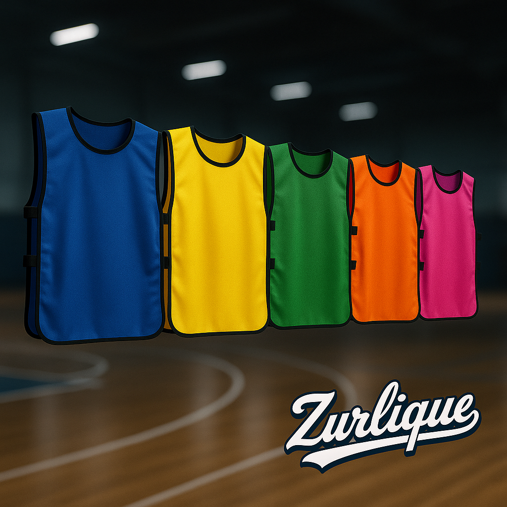 Zurlique training bibs in multiple solid colors – blue, yellow, green, orange, and pink, displayed on a sports court background